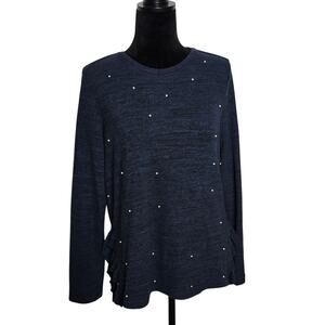 Free Generation Navy Blue Pearl Embellished Ruffle Sweater Top Women L